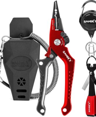 SAMSFX Aluminum Fishing Pliers Hook Remover Braid Line Cutter with Coiled Lanyard, Fly Fishing Knot Tying Tool & Retractors