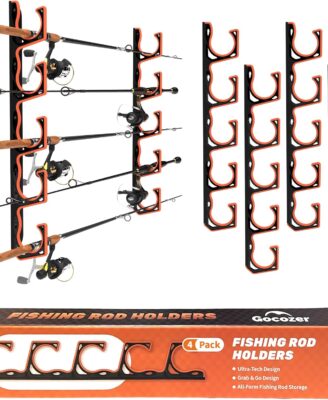 Gocozer Fishing Rod Holder for Garage, H5 Wall or Ceiling Mounted Fishing Pole Holders with Soft Protective Pad, Fishing Rod Storage Organizer, Horizontal Fishing Rod Wall Mount Nets Storage (4 PACK)