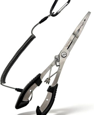 Professional 8.4 Inch Fishing Pliers with Safety Lock, Multi-Function Long Nose Hook Remover, Line Cutter, Crimper, Rustproof Stainless Steel Fishing Tool for Saltwater & Freshwater