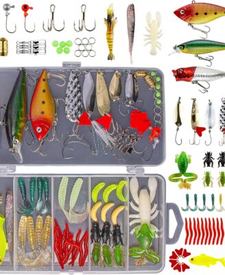 GOANDO Fishing Lures Kit for Freshwater Bait Tackle Kit for Bass Trout Salmon Fishing Accessories Tackle Box Including Spoon Lures Soft Plastic Worms Fishing Gifts