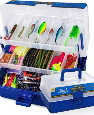448-Pcs Fishing Lures Kit – Complete 3-Layer Tackle Box Set with Hooks, Weights, Bobbers, Pliers, Rigs, Leaders, Fluorocarbon Line, Accessories & More for Kids Fishing Gear