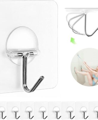 JINSHUNFA Adhesive Wall Hooks 13LB Heavy Duty No Drill Transparent Waterproof Hooks for Bathroom Kitchen Towel Coat 12 Pack