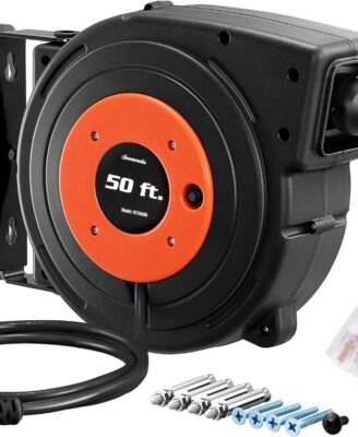 DEWENWILS Retractable Extension Cord Reel, 50 FT Heavy Duty Power Cord, 14AWG/3C SJTOW, 3 Grounded Outlets Lighted Triple Tap, 13 Amp Circuit Breaker, UL Listed