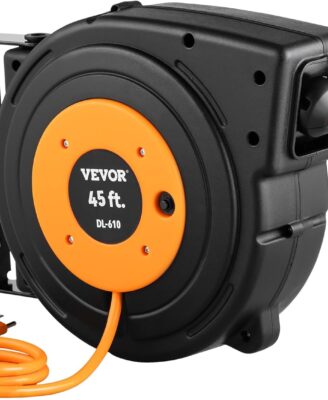 VEVOR Retractable Extension Cord Reel, 45 FT, Heavy Duty 12AWG/3C SJTOW Power Cord, with Lighted Triple Tap Outlet, 15 Amp Circuit Breaker, 180° Swivel Bracket for Ceiling or Wall Mount